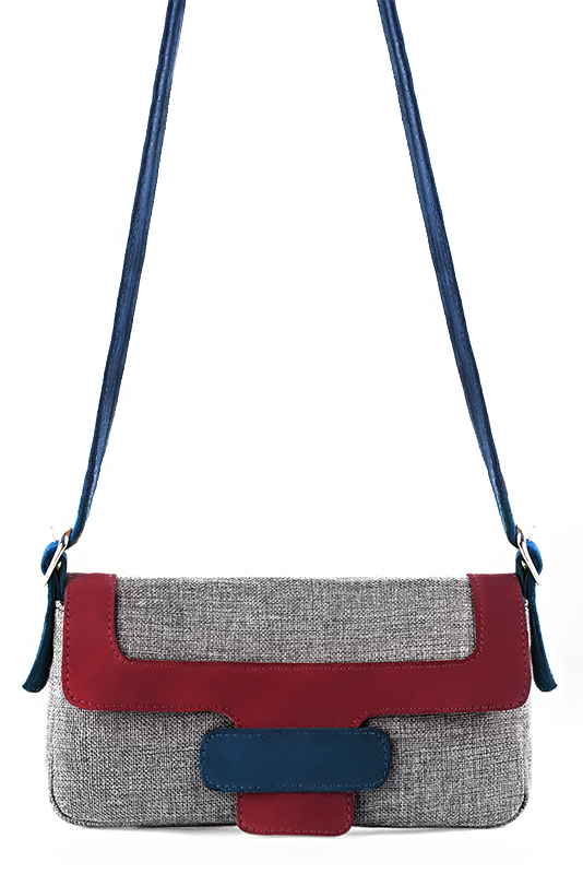 Pebble grey, burgundy red and navy blue women's dress handbag, matching pumps and belts. Top view - Florence KOOIJMAN